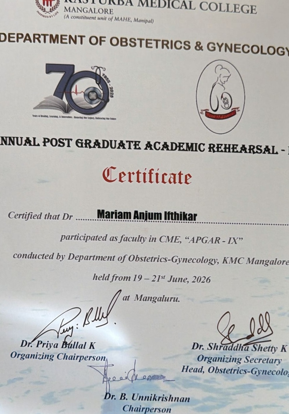 KMC Mangalore — APGAR-IX Certificate